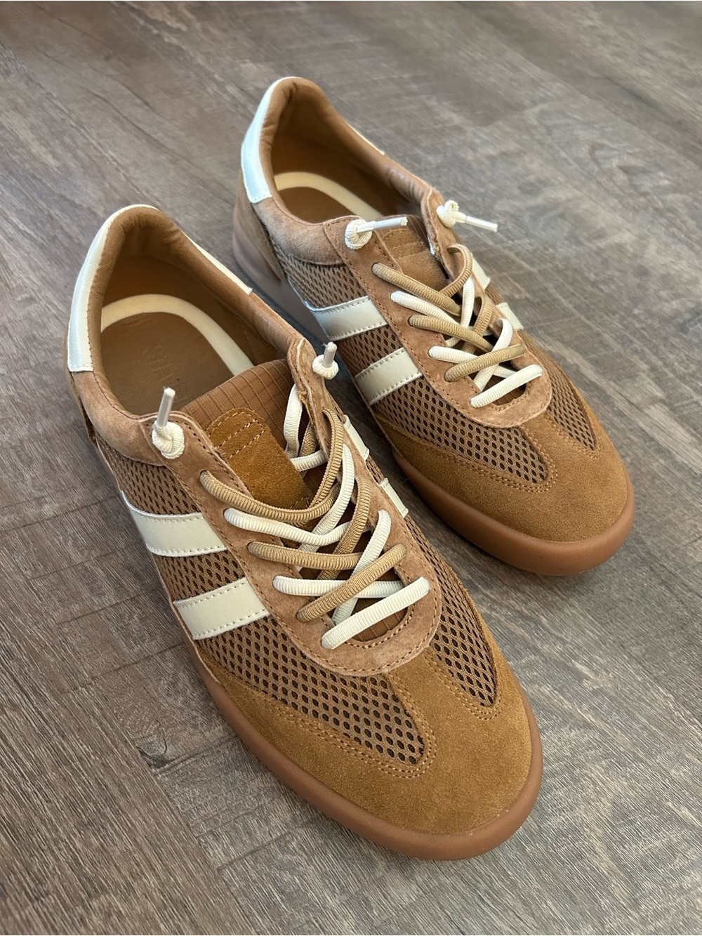 Steve Madden Tan Suede & Cream-Striped Mesh Sneakers